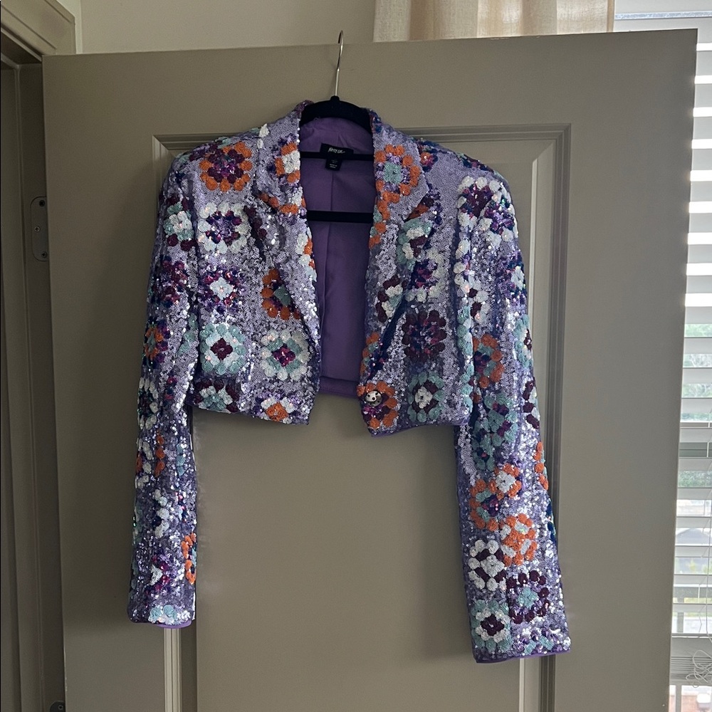 Nasty Gal Sequin Floral Cropped Blazer - Purple, Orange, White